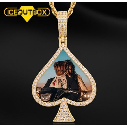 New Arrival Custom Picture Memory Medallions Solid Pendant Necklace Spades Shape Hip Hop Jewelry Personalized Cubic Zircon Chain