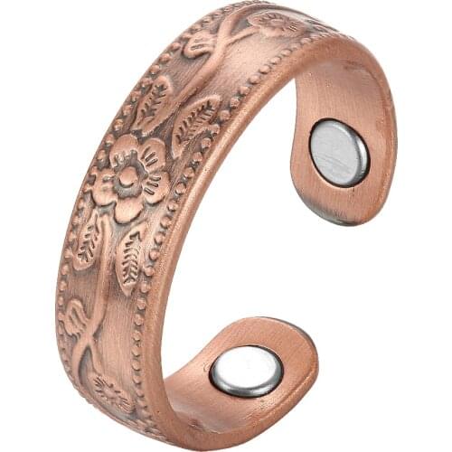 Flower Magnetic Rings Pure Copper Adjustable Open Cuff Ring Men 2pcs Magnets Health Energy Rings for Arthritis Pain Relief