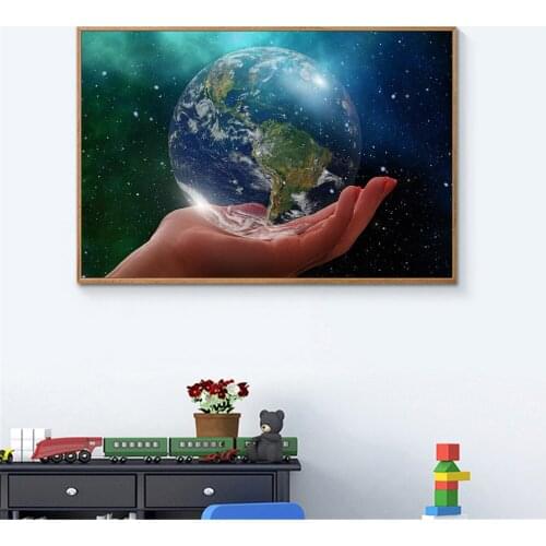 Salon Maison Art Modern Wall Art Space Stars Nebula Planets Hands Earth Globe Poster Canvas Painting for Living Room Home Decor