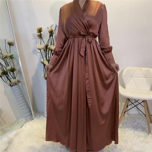 Eid Wrap Front Satin Dress Muslim Women V Neck Long Shirt Sleeve Long Maxi Dress with Pockets Summer Solid Color Turkey Modesty