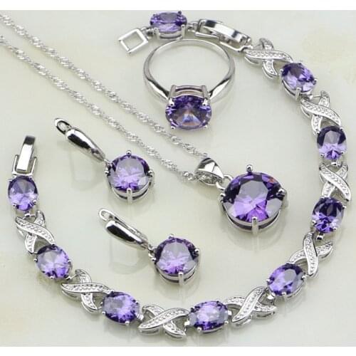 Purple Cubic Zirconia White CZ 925 Sterling Silver Jewelry Sets For Women Wedding Gift Bracelets/Necklace/Pendant/Earrings/Ring