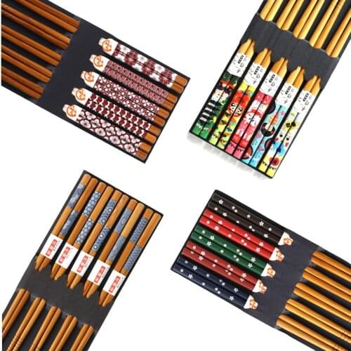 Reusable 5 Pair Set Handmade Bamboo Japanese Natural Wood Chopsticks Sushi Food Cat Flower Multi color Wooden Chop sticks