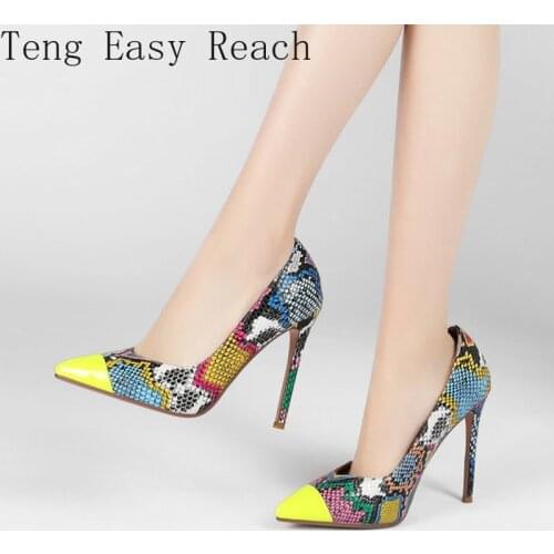 Fashion 12cm High Heels Pumps Shoes Woman Green Yellow Snake Print Womens Heels Party Office Shoes Female Large Size 43