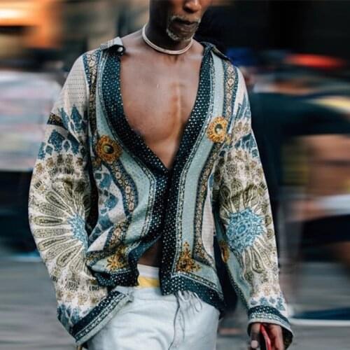 Mens Summer Large Size Loose Cardigan Shirt Print Casual Fashion Street Turtleneck Long Sleeve Shirt