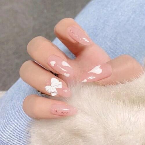 24pcs Bowknot Printed Nails Patch Glue Type Long Paragraph Fashion Removable Manicure False Nails Patch Nail Sticker