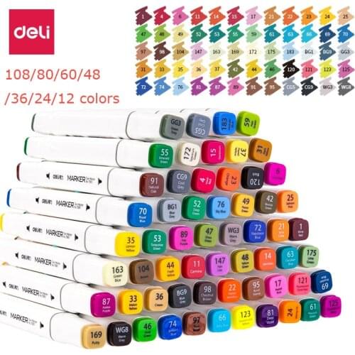 Deli Markers Pen 12-80 Color Sketch Art Marker Brush Set Double Tips Alcoholic Pens For Artist Manga Markers Art Supplies School
