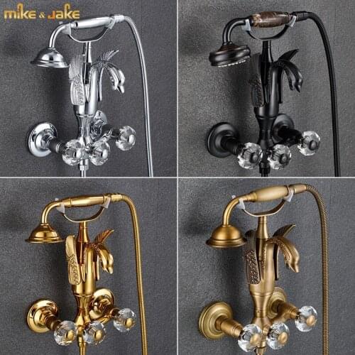 Bathtub and Shower Faucet Set Wall Mounted Gold Swan Bathtub Faucet Bathroom Cold and Hot Bath and Shower Mixer Tap Brass