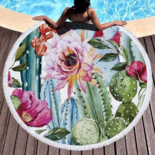 Spring Summer 3D Printed Cactus Plants Tapestry Tassels Red Flowers Pineapple Round Beach Towel Serviette De Plage Beach Mat 150