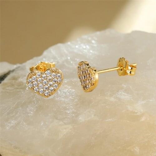 Luxury Female Crystal Heart Small Earrings Charm Gold Color Wedding Earrings Cute Bride White Zircon Stud Earrings For Women