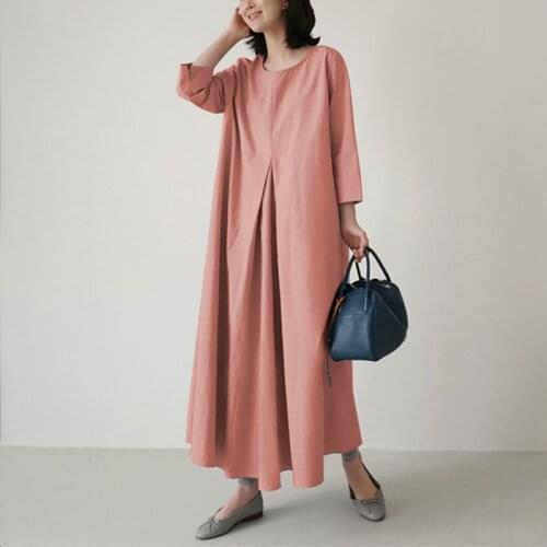 Long Sleeve Sundress Cotton Linen Dress 2021 ZANZEA Women Vintage Kaftan Dress Casual Solid Dress Plus Size Robe Femme