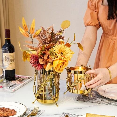 Light Luxury Wrought Iron Vase Gold Home Decoration Plant Vase Glass Wedding Table Decoration Candle Holder Living Room Decor