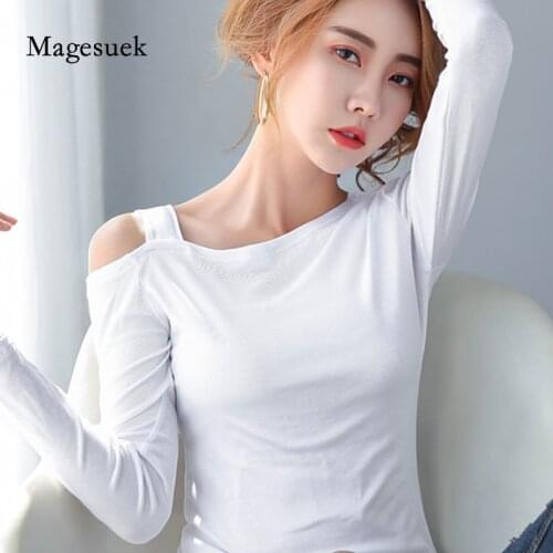 Korean Spring Slash Neck Slim Tshirt 6 Colors Off-shoulder Simple Classic Tee Casual Cotton T-shirt Women Long Sleeve 13282