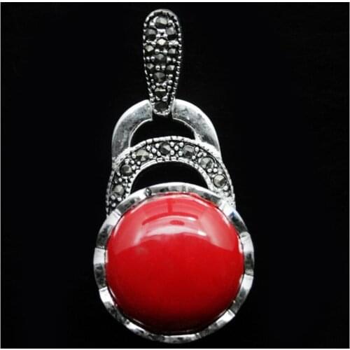 VINTAGE 925 STERLING RED CORAL MARCASITE NECKLACE PENDANT 40X20MM A0510 Chains Bridal Jewelry momenLuxury Girls Wedding