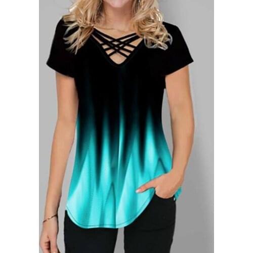 Gradient Ladies Design T Shirts Streetwear Casual V-Neck Loose T Shirt Short Sleeves Cross Female T Shirts New Clothes