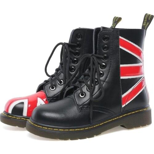 OLOMLB US4-11 Womens Round Toe Genuine Leather Ankle Boots Lace Up Oxfords British Style Shoes Motorcycle Black White DIY Plus