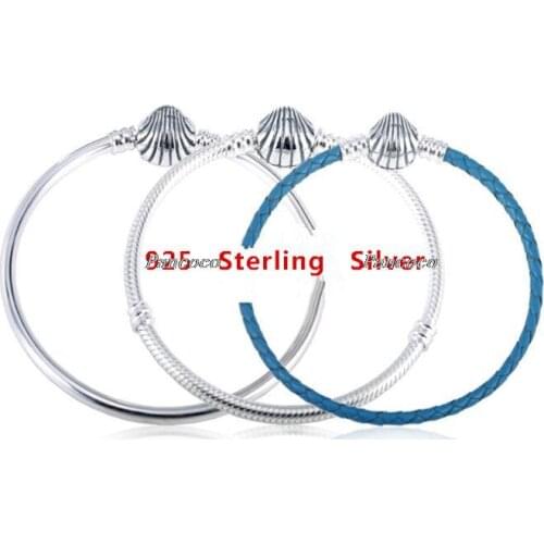 Authentic 925 Sterling Silver Seashell Clasp Turquoise Leather Bangle Bracelet Fit Women Bead Charm Fashion Jewelry