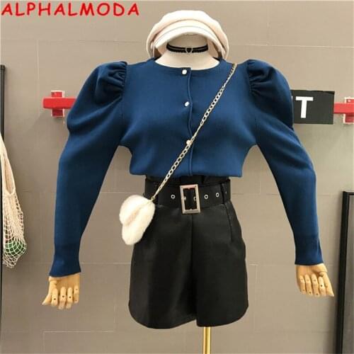 ALPHALMODA 2019 New Lantern Sleeve Single Breasted Women Fashion Knitwear Cardigans Solid Casual Autumn Winter Knit Outfit