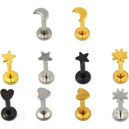 10pieces Assorted Shapes Star Sun Moon Heart Internally Threaded Lip Piercing Ring Labret Stud Body Jewelry Tragus Helix 16g