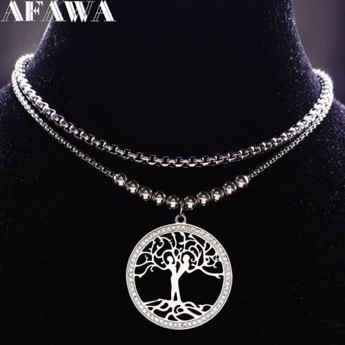 2021 Fashion Tree of Life Crystal Stainless Steel Necklace Women Boy and Girl Silver Color Chain Necklace Jewerly joyas N18029