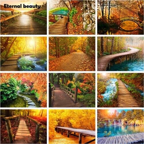 Diamond Painting Landscape Scenery Yellow Leaves Cross Stitch Kits Sunset Bridge Mosaic Paintings Diamond Embroidery Handmade