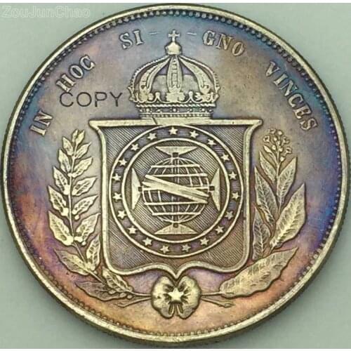 Brazil Coins 1865 Pedro II Denomination Within Leafy Wreath Crowned Arms Within Wreath 2000 REIS Brass Silver Plated