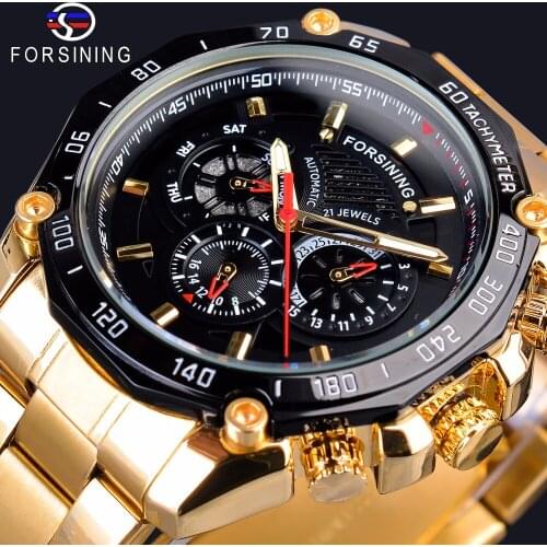Forsining Golden Stainless Steel Three Racing Dial Military Sport Automatic Mens Mechanical Wrist Watches Top Brand Luxury Clock