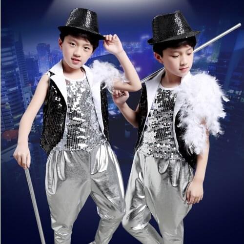 DJGRSTER New Kids Children Sequin Stage Jazz Dance Costumes Hip Hop Dance Costume Suit Girls Boys Modern Dance Costume