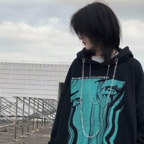 HOUZHOU Streetwear Women Anime Hoodie Harajuku Gothic Punk Kpop Oversize Pullover Long Sleeve Chain Sweatshirt Korean Fashion