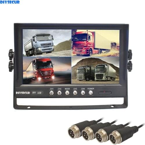 DIYSECUR 9" 4CH 4PIN 4 Split Quad Screen Display Backup Rear View Car Monitor for Car Truck Bus Reversing Camera 12V-24V DC