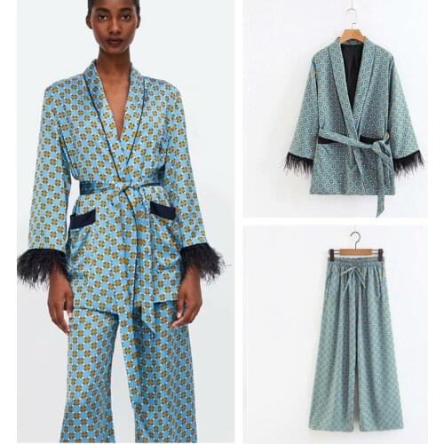 Japanese Style Kimono Set for Woman Vintage Print Yukata Jacket Ladies Feather Oriental Clothing Set Blazer Suit Coat Pants