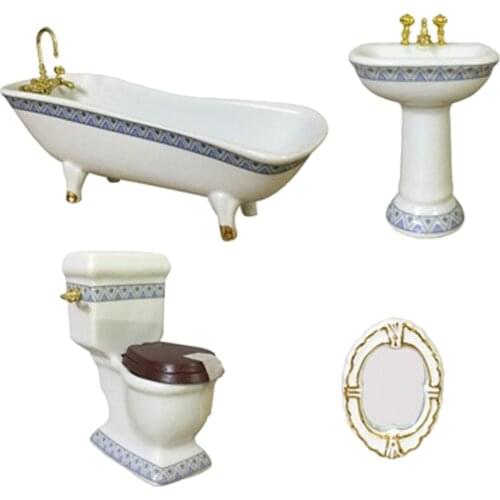 Dollhouse Miniature Ceramic Bathroom Set Supplies 1:12 Scale Model, Including Bathtub, Toilet, Sink and Mirror (4PCS)