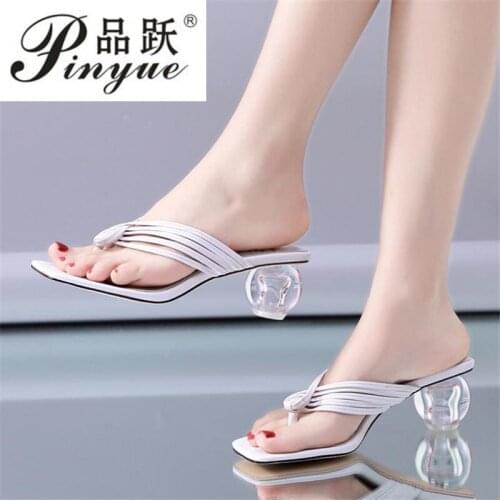 Summer Women Square Toe Slippers Flip Flop Ladies Fashion High Heels Sandals PU Leather Womens Casual Shoe Female Footwear