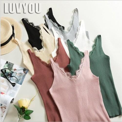 Women Hook Flower Lace Tank solid Stitching V-neck Camis Female Knitted Short Slim Sleeveless Shirt Tank Casual Tops