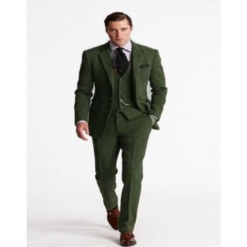 2019 New Green Smoking Tweed Mens Suits 3 Pieces Groom Tuxedo Mens Suits Custom Made Slim Fit Groomsmen Suit (Jacket+Pants+Vest)