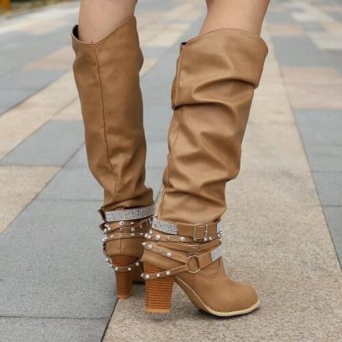 New European and American womens shoes high heel belt buckle large rivet womens high tube boots Women Shoes 2020