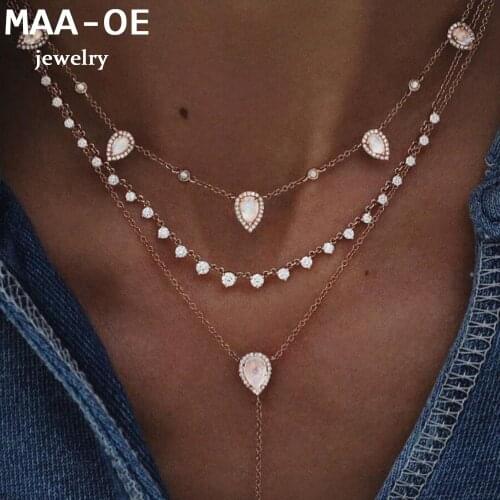 New Fashion Gold Crystal Drop-shaped Crystal Pendant Necklaces For Women Necklace Multi Level Female Boho Vintage Jewelry Gift