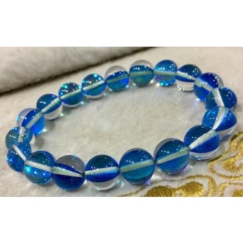 New Blue Bracelet Gleamy Rainbow Moonstone Round Gems Beads 10mm