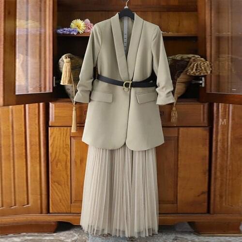 2021 Fall Winter Women Oversized Two-piece Set Long Coat Suit and Mesh Skirt Female Elegant Solid Blazer Dress Suits with Belt