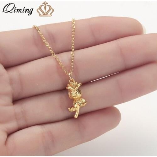 QIMING Handmade Flower Rose Necklace For Women Girlfriend Valentines Gift Golden Boho Statement Necklace Gift Jewelry