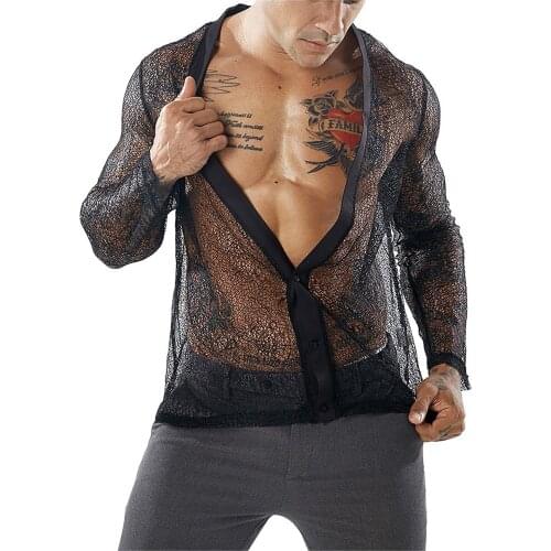 Sexy Mesh Blouse Men Night Club Wear Perspective Deep V Tops Long Sleeve Loose Party Dancing Blouse Man Street Wear