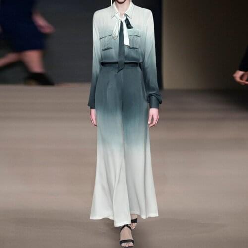 Qian Han Zi spring autumn designer fashion retro gradient color two piece set Women long-sleeved shirt and wide-leg pants suit