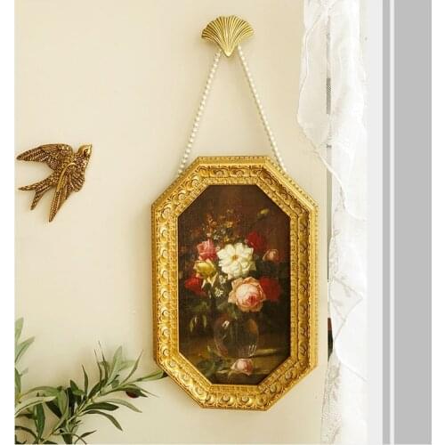 Retro French Plant Landscape Flower Mural Porch Living Room Wall Hanging Painting Octagonal Decor With Pearl Hanging Chain