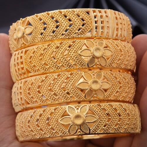 4pcs/lot Trendy Dubai Ethiopian Grid Gold Color Bangles For Women Girls Wife African Arab Ramadan Bracelet Jewelry