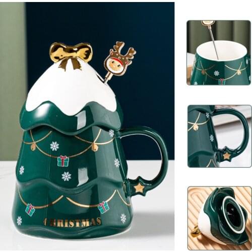 Merry Christmas 500 ML Mugs Ceramic Christmas Tree Print Tea Milk Coffee Cups with Cup Lip Stirring Rod Kid Adult Gift Drinkware