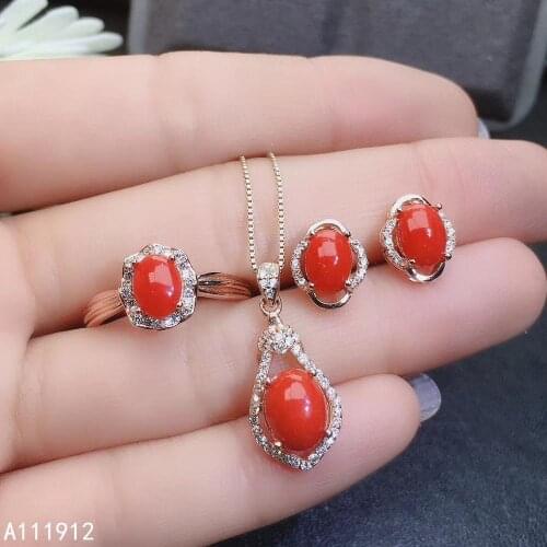 KJJEAXCMY fine jewelry natural red coral 925 sterling silver women pendant necklace earrings ring set support test lovely