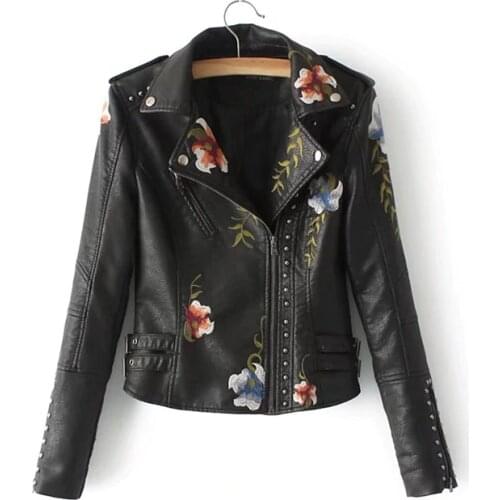 Embroidery faux leather PU Jacket Women Spring Autumn Fashion Motorcycle Jacket Black faux leather coats Outerwear COAT HOT