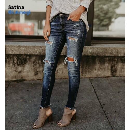 Fall 2020 Women Fashion Bleached Ripped Jeans Cotton Denim Slim Elasticity Skinny Pants Moustache Effect Vintage Femme
