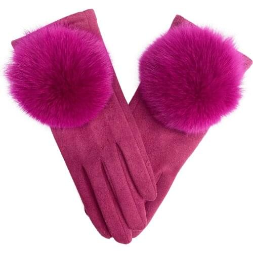 2021 Winter Gloves Women Fox Fur Pom Pom Gloves Stretch Suede Padded Thickened Touch Screen Fashion Warm Soft Plus Velvet Gloves