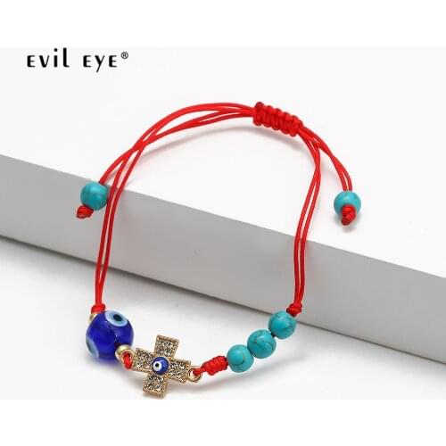 EVIL EYE Blue Turkish Evil Eye Bead Bracelet Braided Red Rope Adjustable Stone Beads Cross Fatima Hand Bracelet for Women NB208