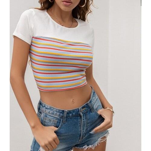 Ladies Rainbow Striped Print Tops Summer T-Shirt Female O Neck Short Sleeve Harajuku Navel Skinny Korean Crop Top Women T Shirt